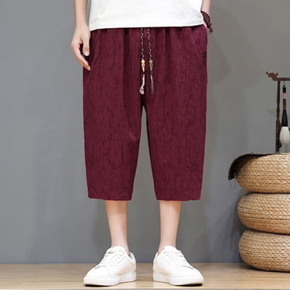 Buddha Stones Summer Casual Vintage Drawstring Abstract Men's Cropped Pants With Pockets