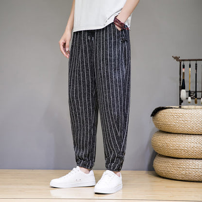 Buddha Stones Summer Casual Drawstring Striped Cropped Pants Men's Harem Pants With Pockets