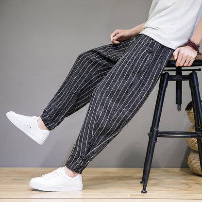 Buddha Stones Summer Casual Drawstring Striped Cropped Pants Men's Harem Pants With Pockets