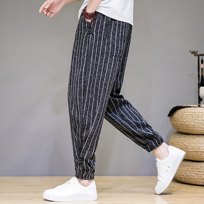 Buddha Stones Summer Casual Drawstring Striped Cropped Pants Men's Harem Pants With Pockets