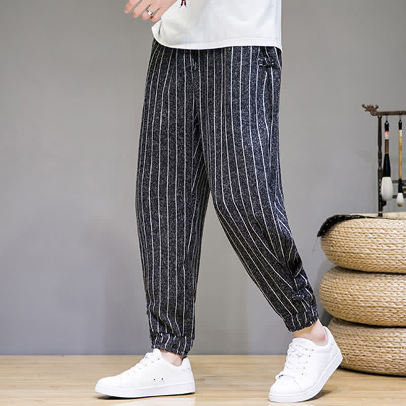 Buddha Stones Summer Casual Drawstring Striped Cropped Pants Men's Harem Pants With Pockets