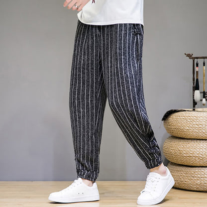 Buddha Stones Summer Casual Drawstring Striped Cropped Pants Men's Harem Pants With Pockets