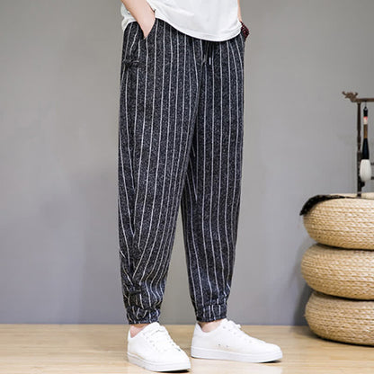 Buddha Stones Summer Casual Drawstring Striped Cropped Pants Men's Harem Pants With Pockets
