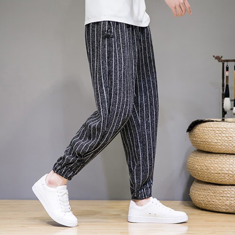 Buddha Stones Summer Casual Drawstring Striped Cropped Pants Men's Harem Pants With Pockets