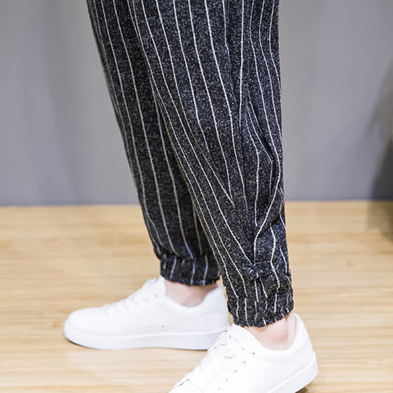 Buddha Stones Summer Casual Drawstring Striped Cropped Pants Men's Harem Pants With Pockets