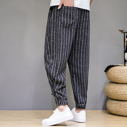 Buddha Stones Summer Casual Drawstring Striped Cropped Pants Men's Harem Pants With Pockets