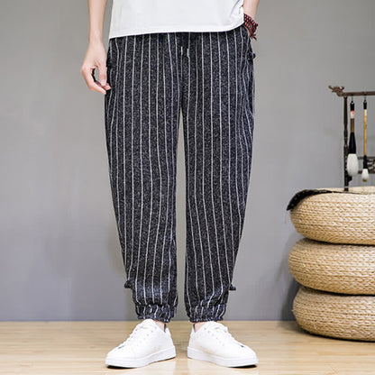 Buddha Stones Summer Casual Drawstring Striped Cropped Pants Men's Harem Pants With Pockets