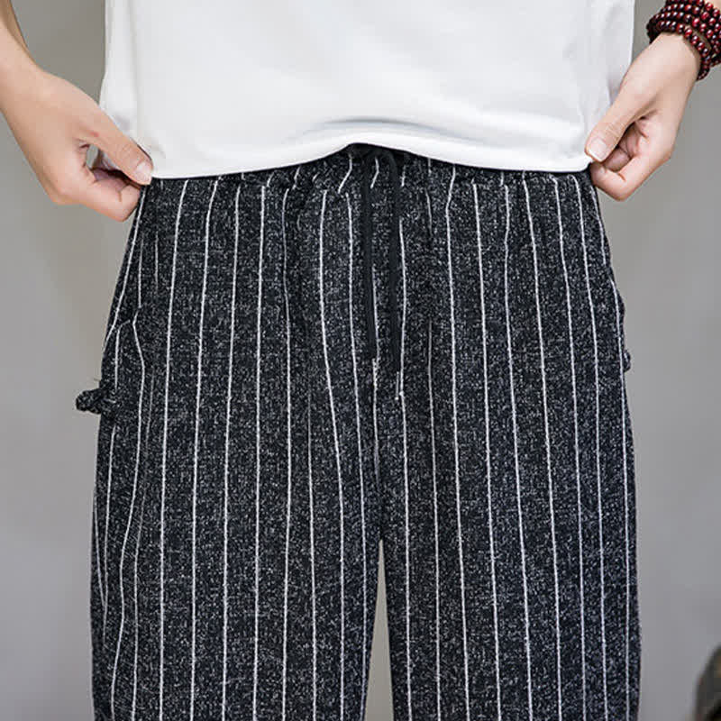Buddha Stones Summer Casual Drawstring Striped Cropped Pants Men's Harem Pants With Pockets