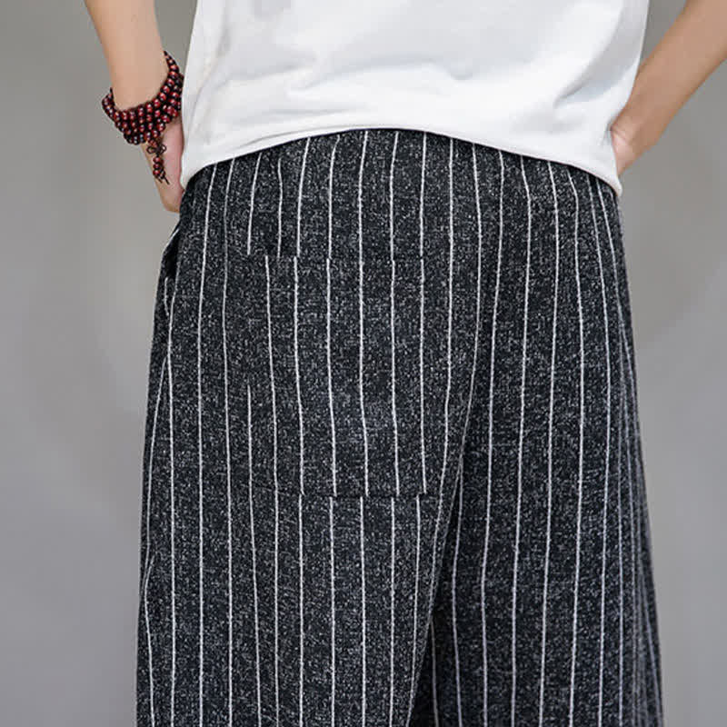 Buddha Stones Summer Casual Drawstring Striped Cropped Pants Men's Harem Pants With Pockets