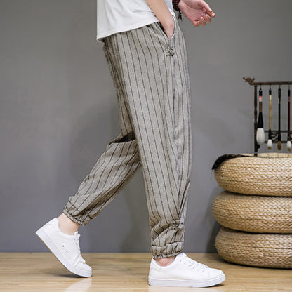Buddha Stones Summer Casual Drawstring Striped Cropped Pants Men's Harem Pants With Pockets