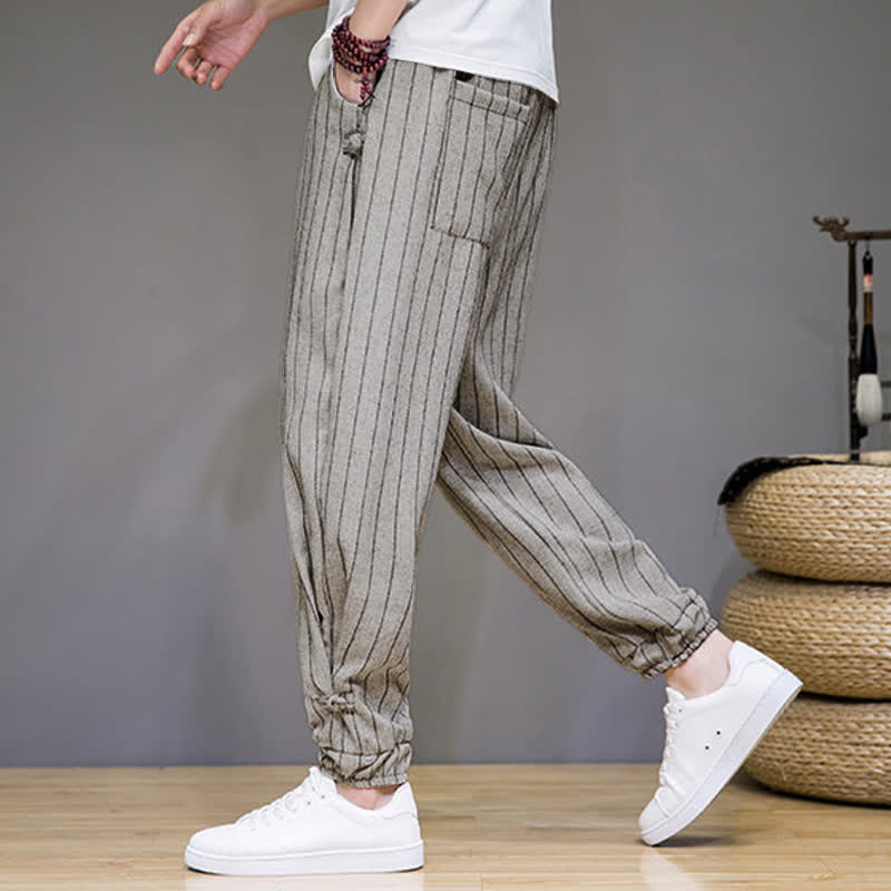 Buddha Stones Summer Casual Drawstring Striped Cropped Pants Men's Harem Pants With Pockets