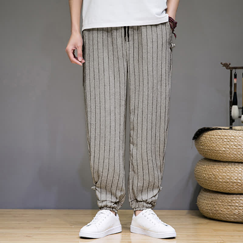Buddha Stones Summer Casual Drawstring Striped Cropped Pants Men's Harem Pants With Pockets