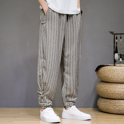 Buddha Stones Summer Casual Drawstring Striped Cropped Pants Men's Harem Pants With Pockets