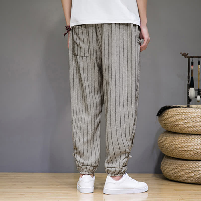 Buddha Stones Summer Casual Drawstring Striped Cropped Pants Men's Harem Pants With Pockets