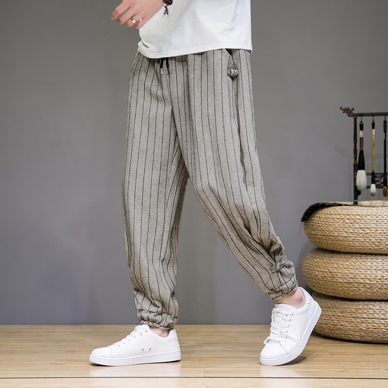 Buddha Stones Summer Casual Drawstring Striped Cropped Pants Men's Harem Pants With Pockets