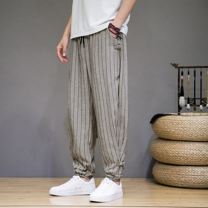 Buddha Stones Summer Casual Drawstring Striped Cropped Pants Men's Harem Pants With Pockets