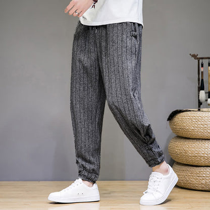 Buddha Stones Summer Casual Drawstring Striped Cropped Pants Men's Harem Pants With Pockets