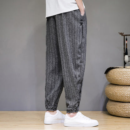 Buddha Stones Summer Casual Drawstring Striped Cropped Pants Men's Harem Pants With Pockets