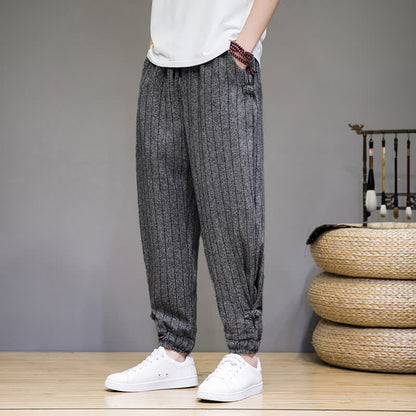 Buddha Stones Summer Casual Drawstring Striped Cropped Pants Men's Harem Pants With Pockets