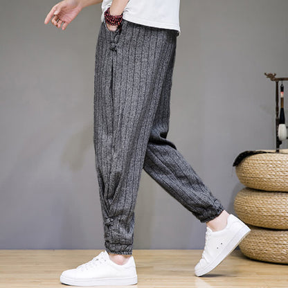 Buddha Stones Summer Casual Drawstring Striped Cropped Pants Men's Harem Pants With Pockets