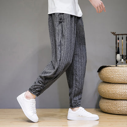 Buddha Stones Summer Casual Drawstring Striped Cropped Pants Men's Harem Pants With Pockets