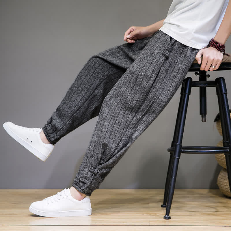 Buddha Stones Summer Casual Drawstring Striped Cropped Pants Men's Harem Pants With Pockets