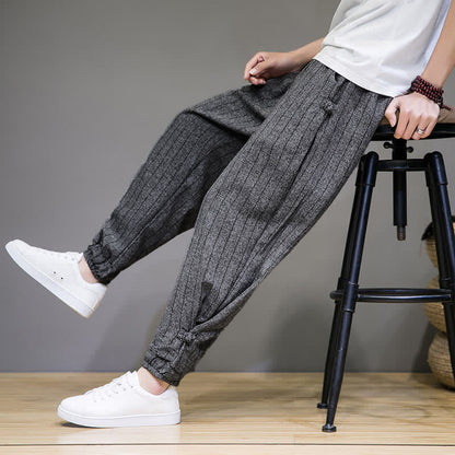 Buddha Stones Summer Casual Drawstring Striped Cropped Pants Men's Harem Pants With Pockets