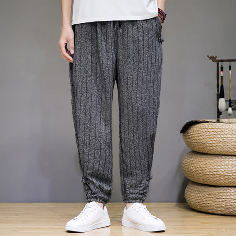 Buddha Stones Summer Casual Drawstring Striped Cropped Pants Men's Harem Pants With Pockets