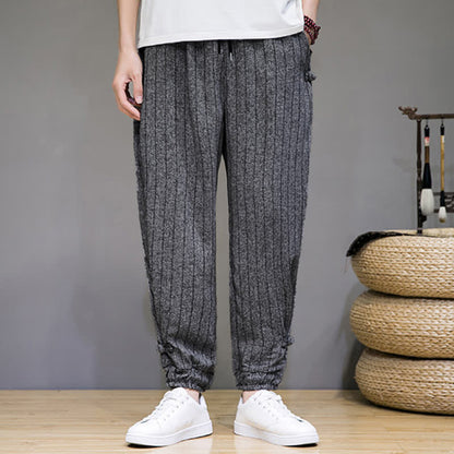 Buddha Stones Summer Casual Drawstring Striped Cropped Pants Men's Harem Pants With Pockets