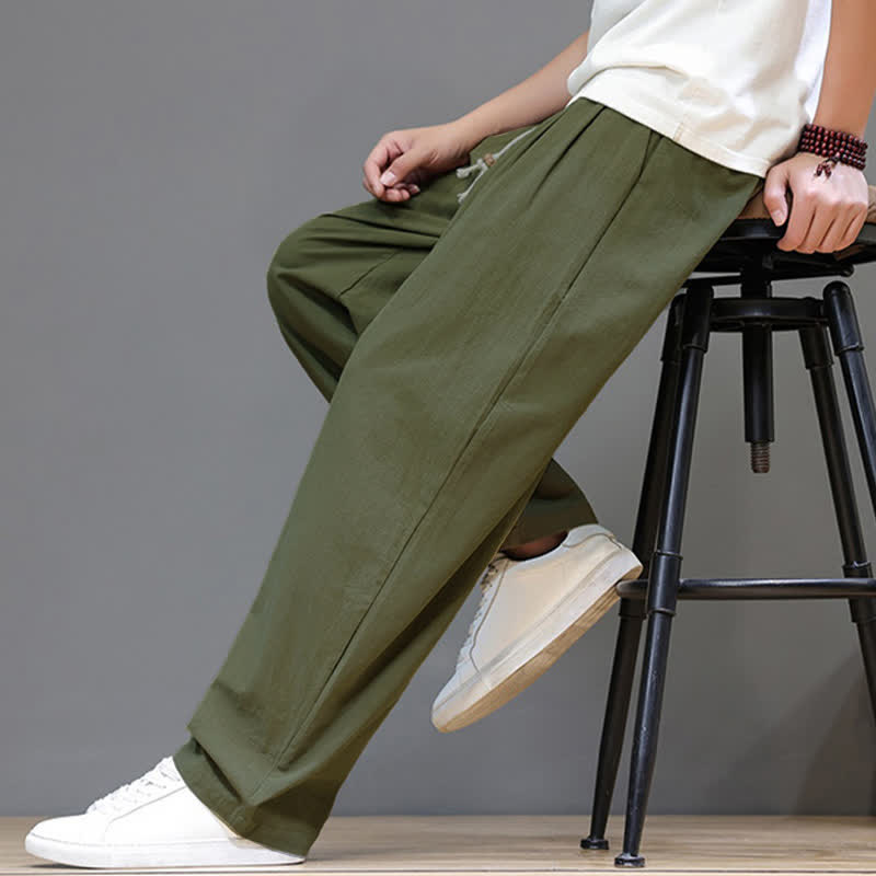 Buddha Stones Summer Casual Vintage Drawstring Solid Cotton Ankle Pants Men's Harem Pants With Pocket