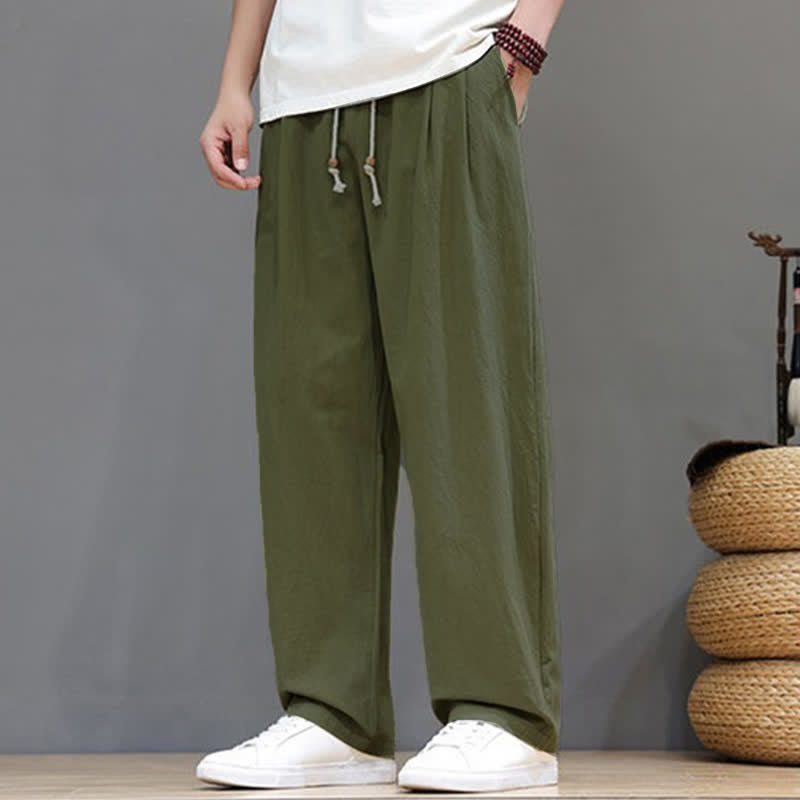 Buddha Stones Summer Casual Vintage Drawstring Solid Cotton Ankle Pants Men's Harem Pants With Pocket