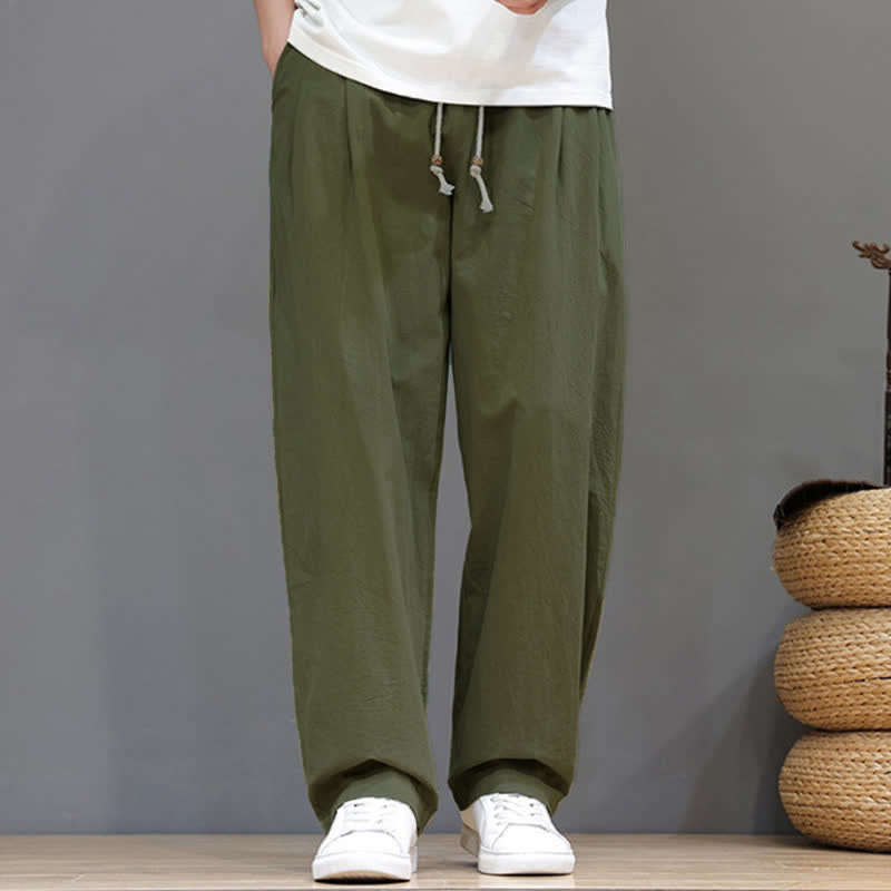 Buddha Stones Summer Casual Vintage Drawstring Solid Cotton Ankle Pants Men's Harem Pants With Pocket