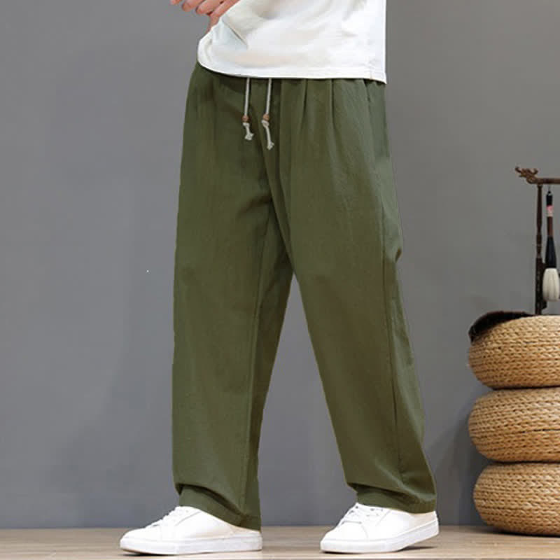 Buddha Stones Summer Casual Vintage Drawstring Solid Cotton Ankle Pants Men's Harem Pants With Pocket