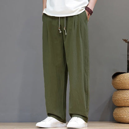 Buddha Stones Summer Casual Vintage Drawstring Solid Cotton Ankle Pants Men's Harem Pants With Pocket