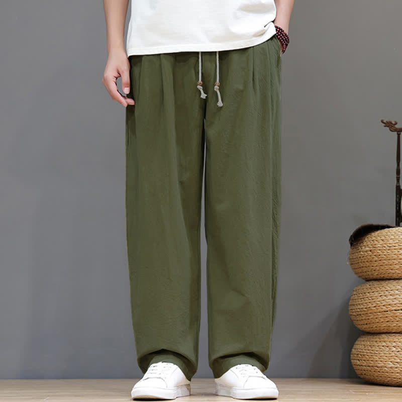 Buddha Stones Summer Casual Vintage Drawstring Solid Cotton Ankle Pants Men's Harem Pants With Pocket