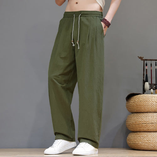 Buddha Stones Summer Casual Vintage Drawstring Solid Cotton Ankle Pants Men's Harem Pants With Pocket