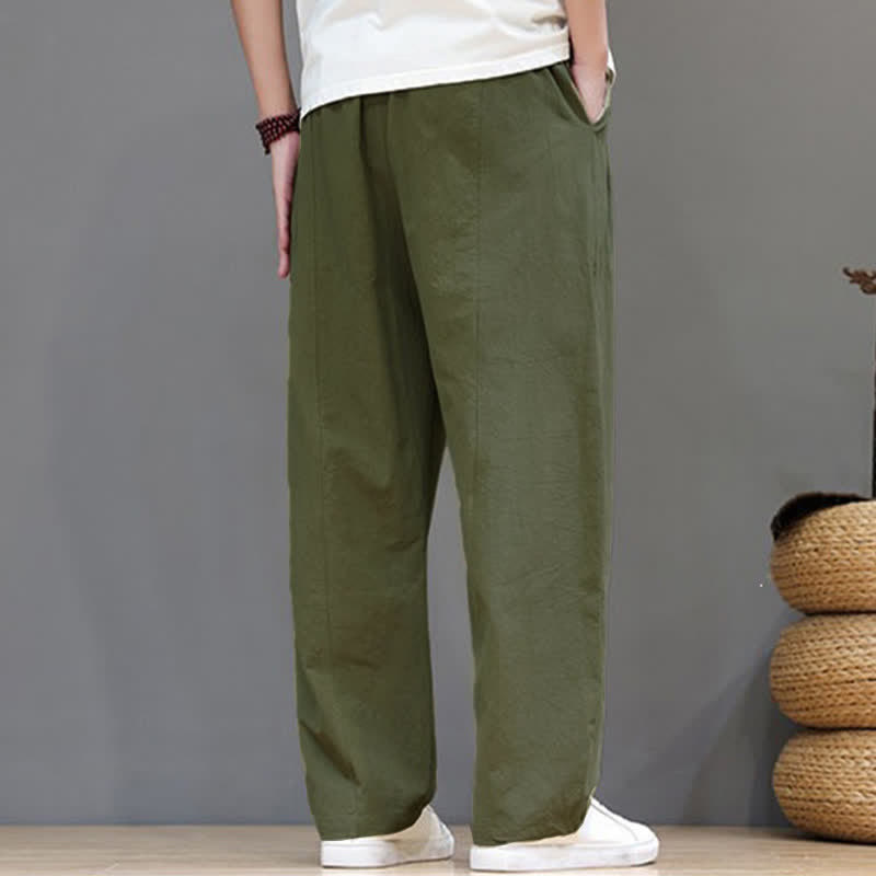 Buddha Stones Summer Casual Vintage Drawstring Solid Cotton Ankle Pants Men's Harem Pants With Pocket