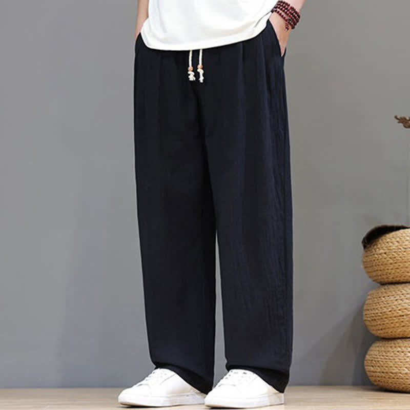 Buddha Stones Summer Casual Vintage Drawstring Solid Cotton Ankle Pants Men's Harem Pants With Pocket