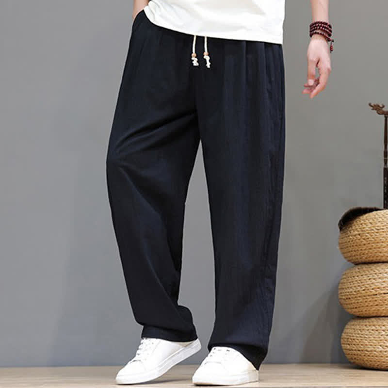 Buddha Stones Summer Casual Vintage Drawstring Solid Cotton Ankle Pants Men's Harem Pants With Pocket