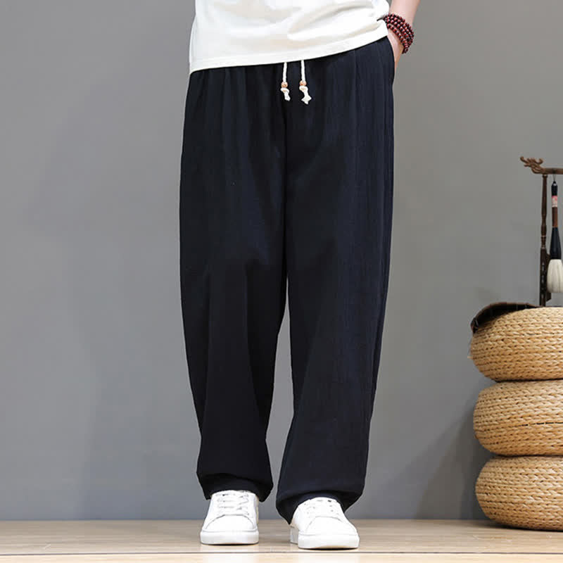 Buddha Stones Summer Casual Vintage Drawstring Solid Cotton Ankle Pants Men's Harem Pants With Pocket