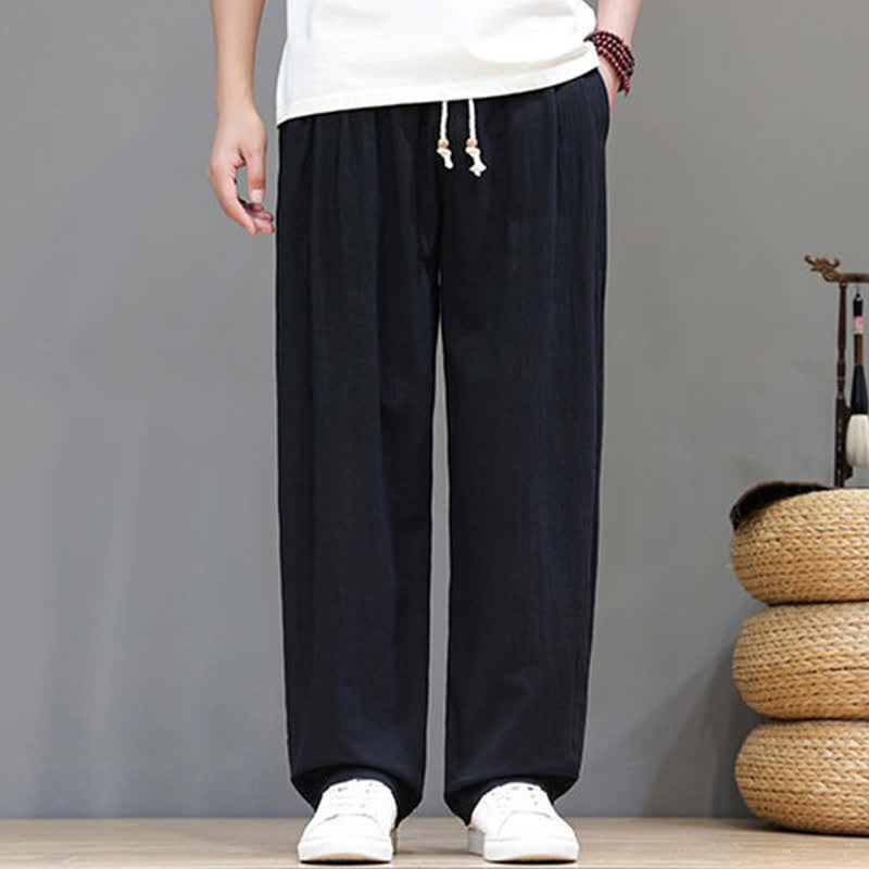 Buddha Stones Summer Casual Vintage Drawstring Solid Cotton Ankle Pants Men's Harem Pants With Pocket