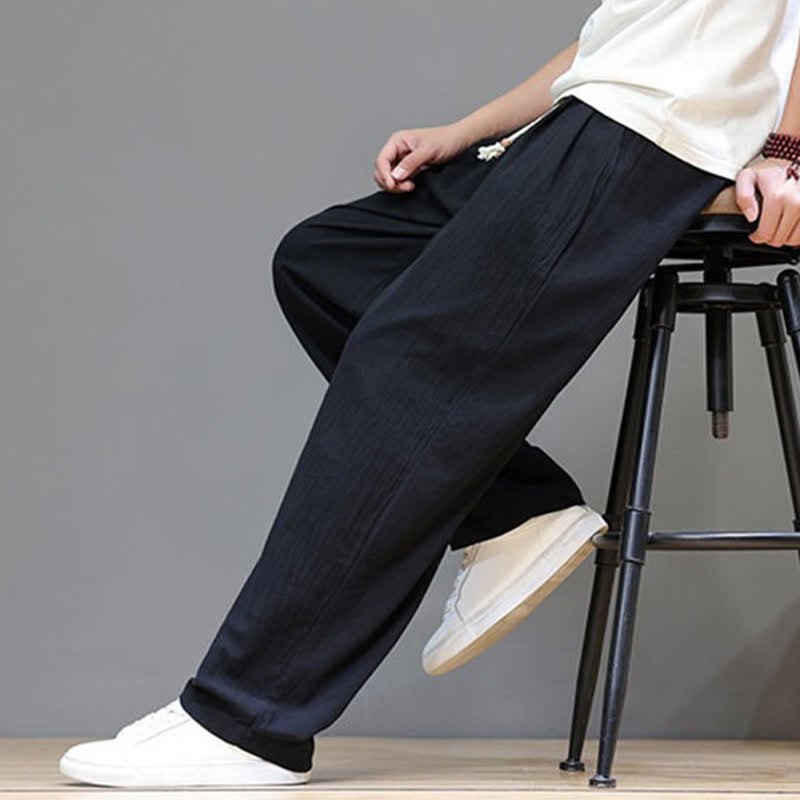 Buddha Stones Summer Casual Vintage Drawstring Solid Cotton Ankle Pants Men's Harem Pants With Pocket