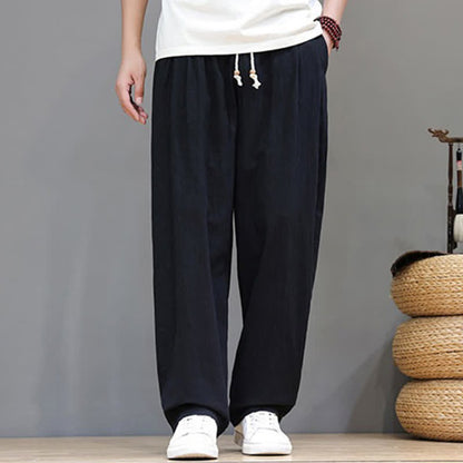 Buddha Stones Summer Casual Vintage Drawstring Solid Cotton Ankle Pants Men's Harem Pants With Pocket