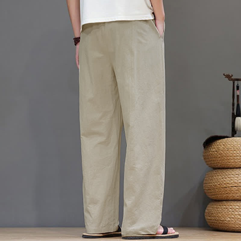 Buddha Stones Summer Casual Vintage Drawstring Solid Cotton Ankle Pants Men's Harem Pants With Pocket