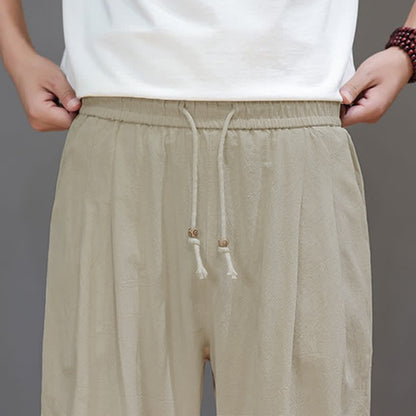 Buddha Stones Summer Casual Vintage Drawstring Solid Cotton Ankle Pants Men's Harem Pants With Pocket