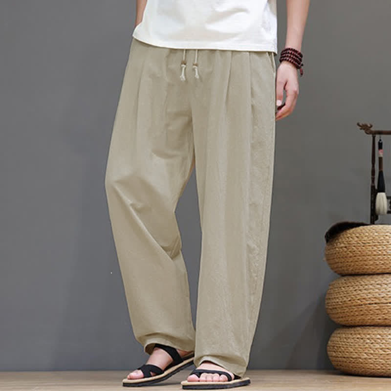 Buddha Stones Summer Casual Vintage Drawstring Solid Cotton Ankle Pants Men's Harem Pants With Pocket