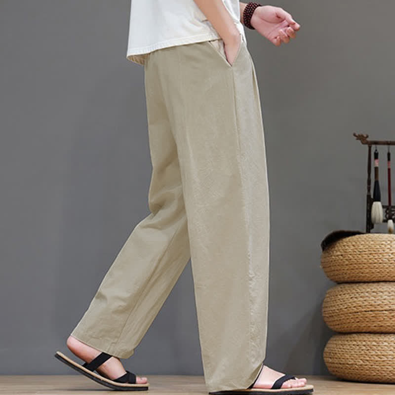 Buddha Stones Summer Casual Vintage Drawstring Solid Cotton Ankle Pants Men's Harem Pants With Pocket