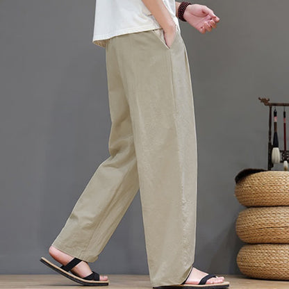 Buddha Stones Summer Casual Vintage Drawstring Solid Cotton Ankle Pants Men's Harem Pants With Pocket