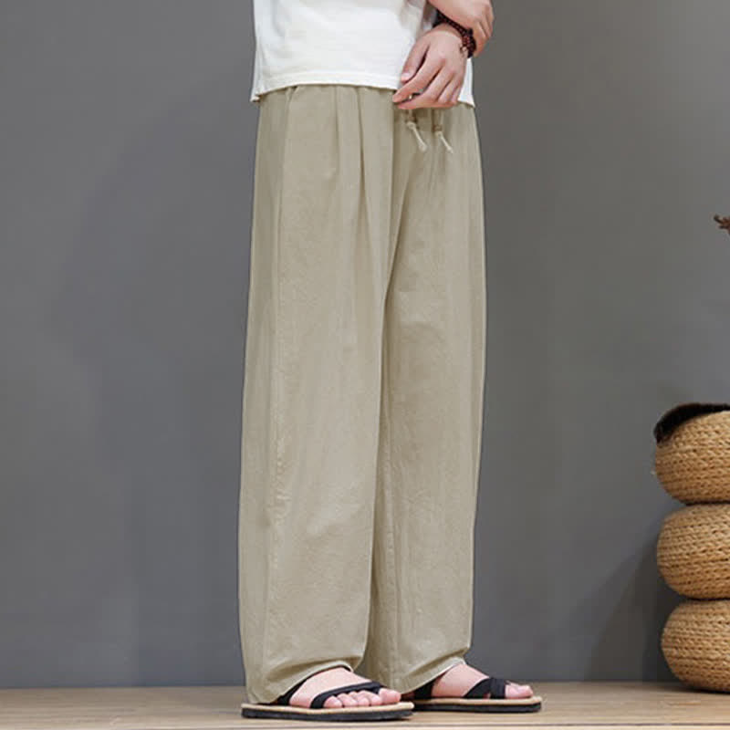 Buddha Stones Summer Casual Vintage Drawstring Solid Cotton Ankle Pants Men's Harem Pants With Pocket