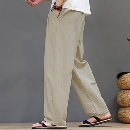 Buddha Stones Summer Casual Vintage Drawstring Solid Cotton Ankle Pants Men's Harem Pants With Pocket